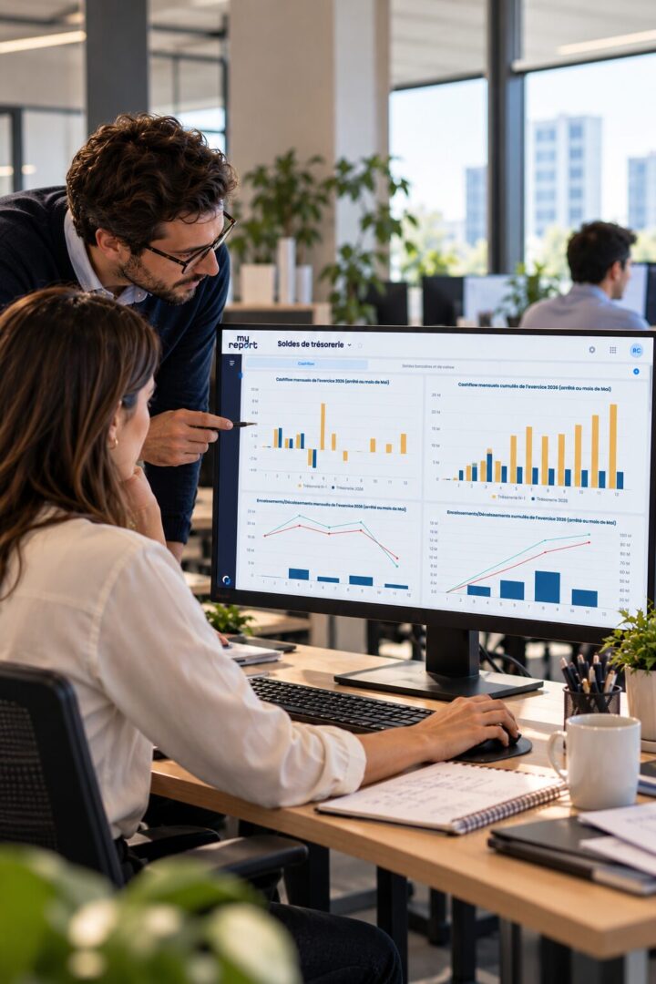 Équipe finance travaillant sur le reporting d’un groupe multi-entités